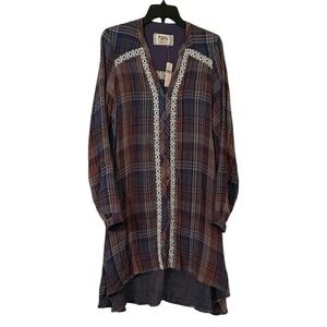 Anthropologie Holding Horses Navy Multicolor Plaid Lace Button Up Dress Size M